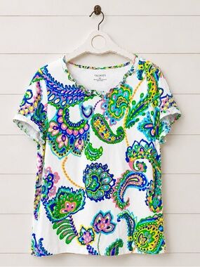 Talbots White Paisley Print Short Sleeve Tee with Multicolor Motif